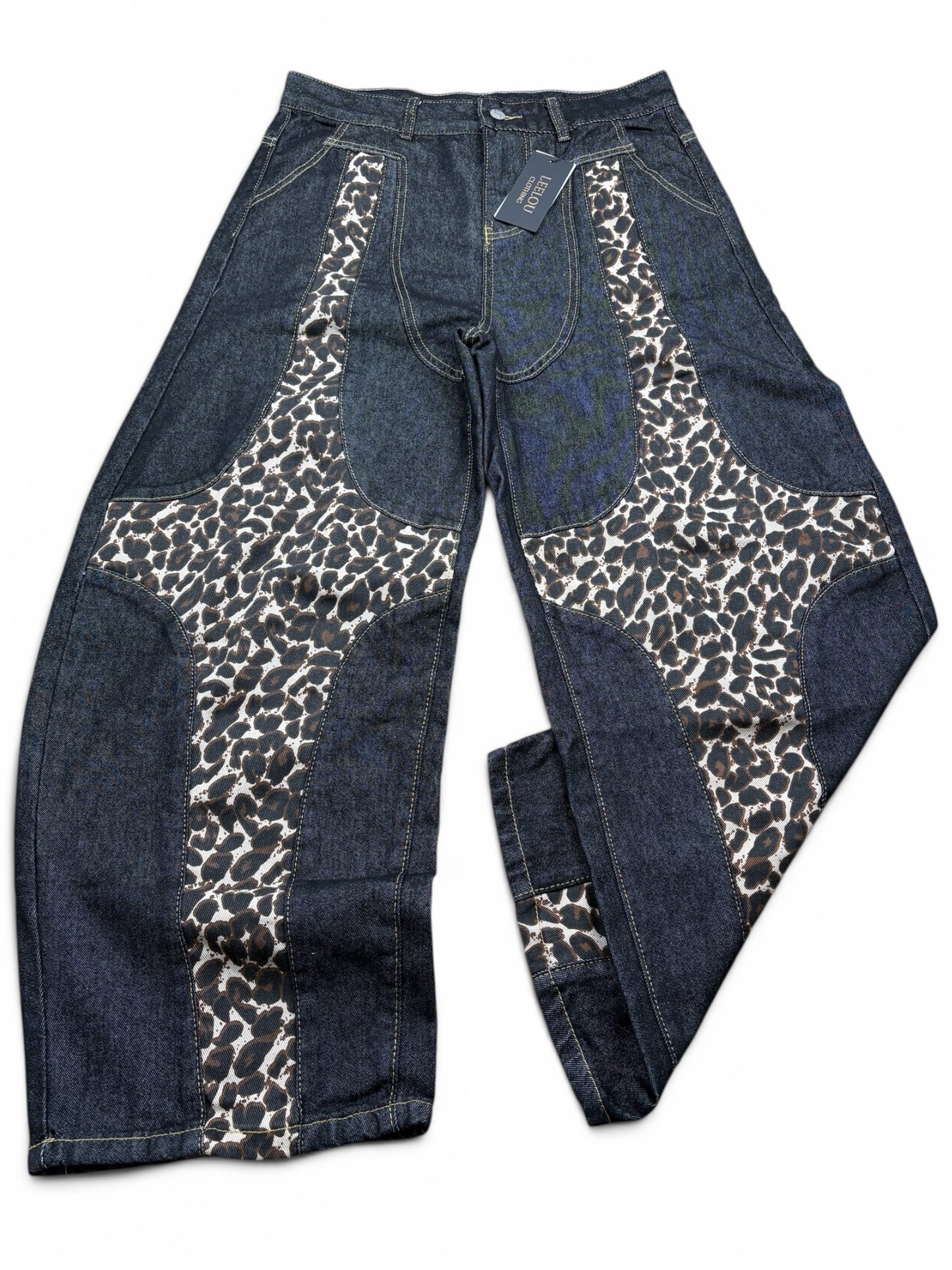 Leopard Panel Wide Leg Jeans
