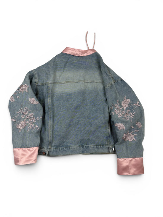 Denim Floral Tie Front Jacket