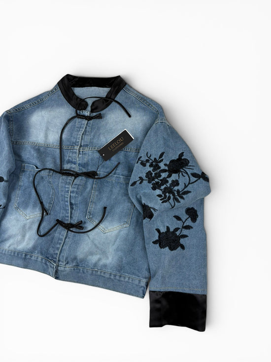 Denim Floral Tie Front Jacket