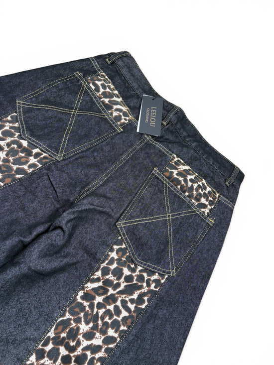 Leopard Panel Wide Leg Jeans