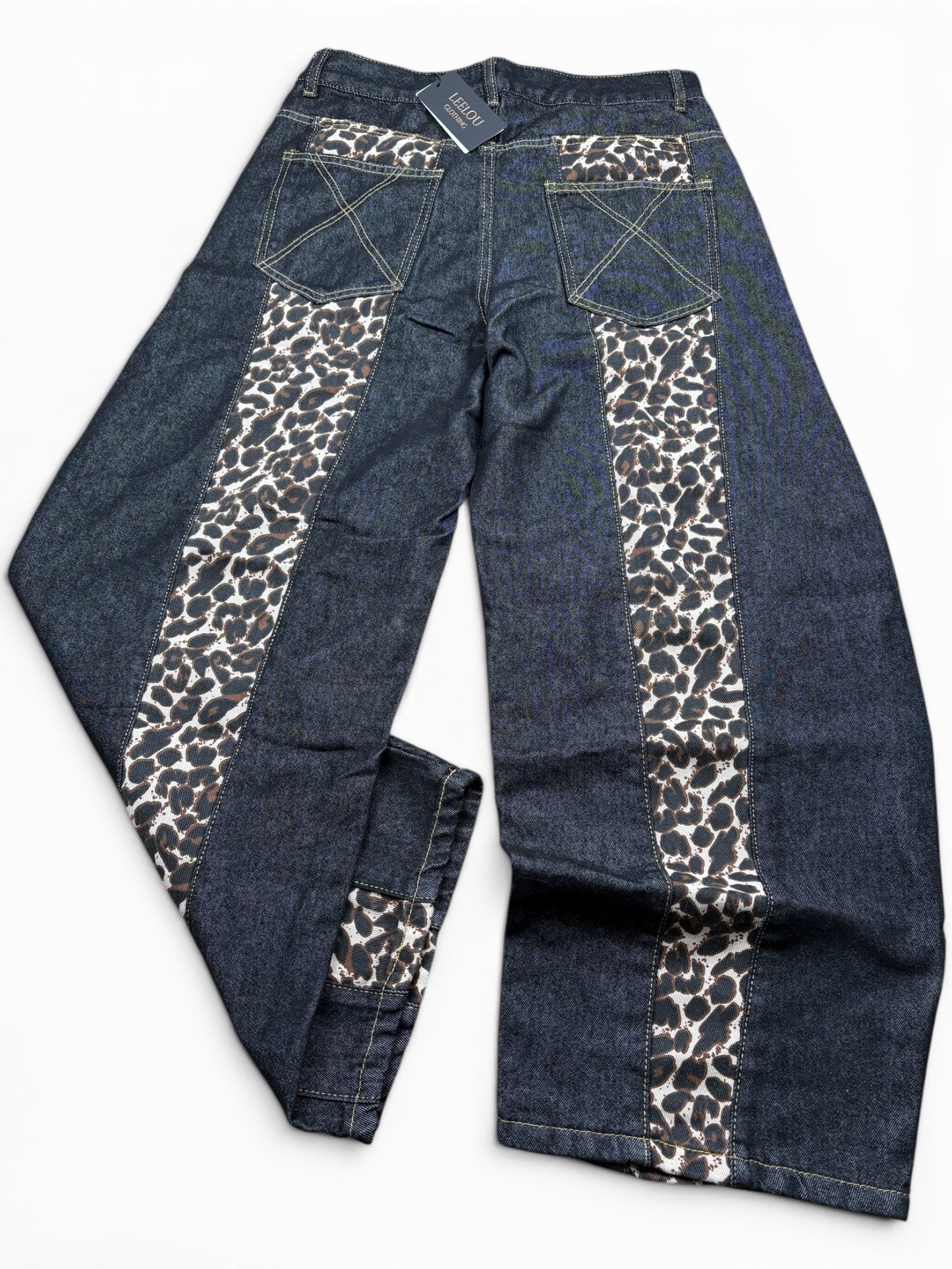 Leopard Panel Wide Leg Jeans