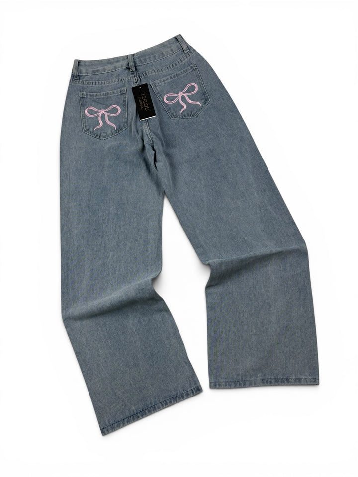 Pink Bow Pocket Baggy Jeans