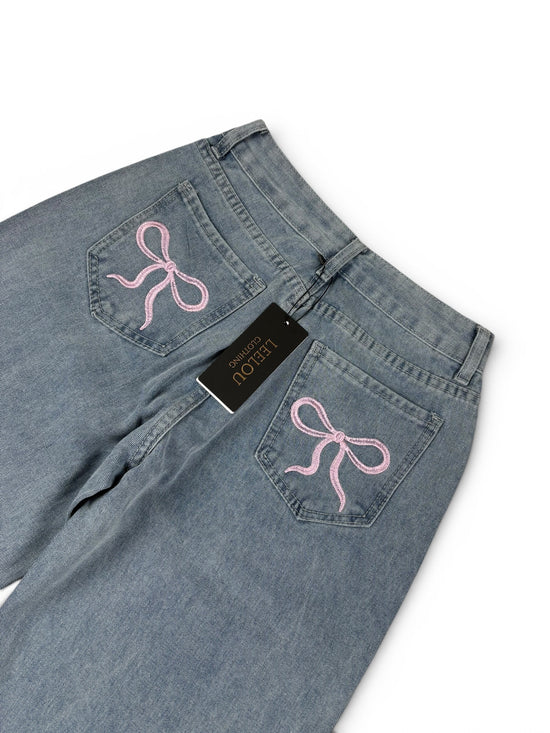 Pink Bow Pocket Baggy Jeans